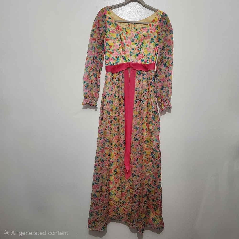 Vtg Priscilla of Boston Maxi Floral Gown Yellow Lining XS 00 0 Wedding Event